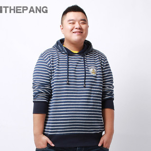  Thepang大码男装加肥加大韩版带帽加绒条纹胖人套头卫衣男超大