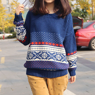 新年大促 小清新学院风 高品质百搭几何长袖波普圆领套头麻花毛衣