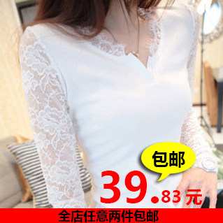 蕾丝上衣 2013春装新款韩版潮修身长款V领蕾丝长袖女打底衫T恤
