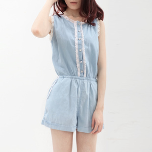  K1夏季新款女装韩版水洗蓝蕾丝拼接无袖连衣裤连体短裤