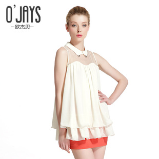  ojays 韓版女裝夏裝新款雪紡衫蕾絲無袖雪紡衫露肩雪紡上衣