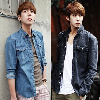 韩版潮男长袖翻领双口袋休闲<em>蓝</em>+<em>黑</em> 男士牛仔衣