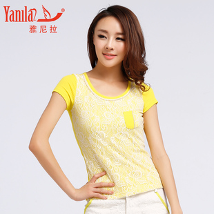  雅尼拉欧洲站夏装新款女装蕾丝拼接修身圆领淑女短袖t恤13T16
