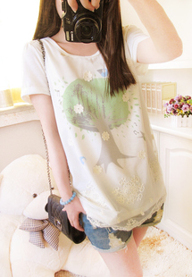  tutu家 韩国新品 小树图案 蕾丝拼接圆领短袖t恤 打底衫女