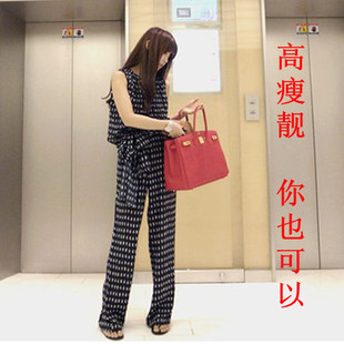  新款韩版休闲女装腰带显瘦时尚阔腿连体长裤女夏季连身衣裤潮