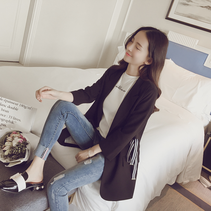 2017春装新款韩版显瘦一粒扣九分袖西装领外套女中长款纯色风衣