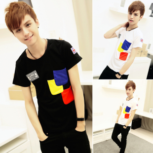  夏季新款韩版圆领帅T半袖打底衫林弯弯男装 三色口袋短袖T恤