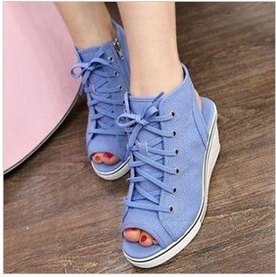  韩国代购正品进口女鞋nozone镂空休闲坡跟高跟防水台帆布鞋鱼嘴鞋