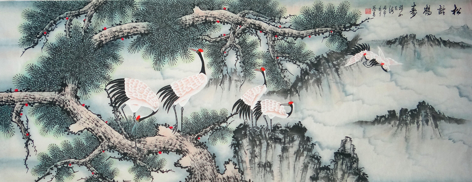 纯手绘国画山水小六尺松鹤祝寿图 实物拍照装饰客厅贺寿送礼佳品