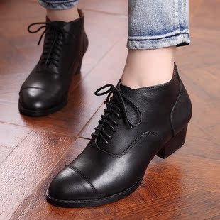  新款春秋真皮粗跟短靴单靴复古英伦风骑士靴系带中跟裸靴女靴
