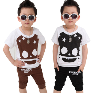  童装夏季男童套装 儿童韩版全棉骷髅头短袖T恤+七分裤两件套