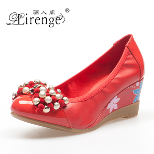  骊人阁正品新款甜美碎花女式鞋女舒适坡跟牛筋底单鞋女鞋红色婚鞋