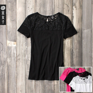  【某女子】出口原单 HM 蕾丝拼接 时尚女款 百搭 短袖T恤/三色