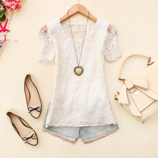  琇姀BZG-a071 韩版夏装新品女装圆领蕾丝拼接短袖T恤E-06