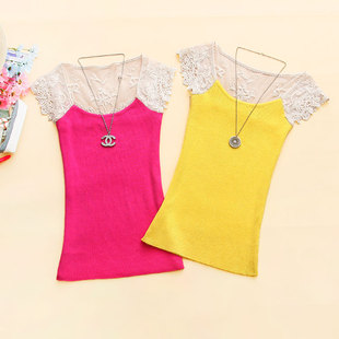  嫣媄AVI-z829 韩版夏装新品女装蕾丝钩花拼接无袖打底T恤D-25