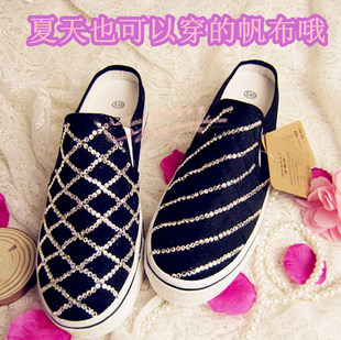  厚底镶水钻手工帆布低帮坡跟松糕女款懒人无后跟高跟单凉鞋