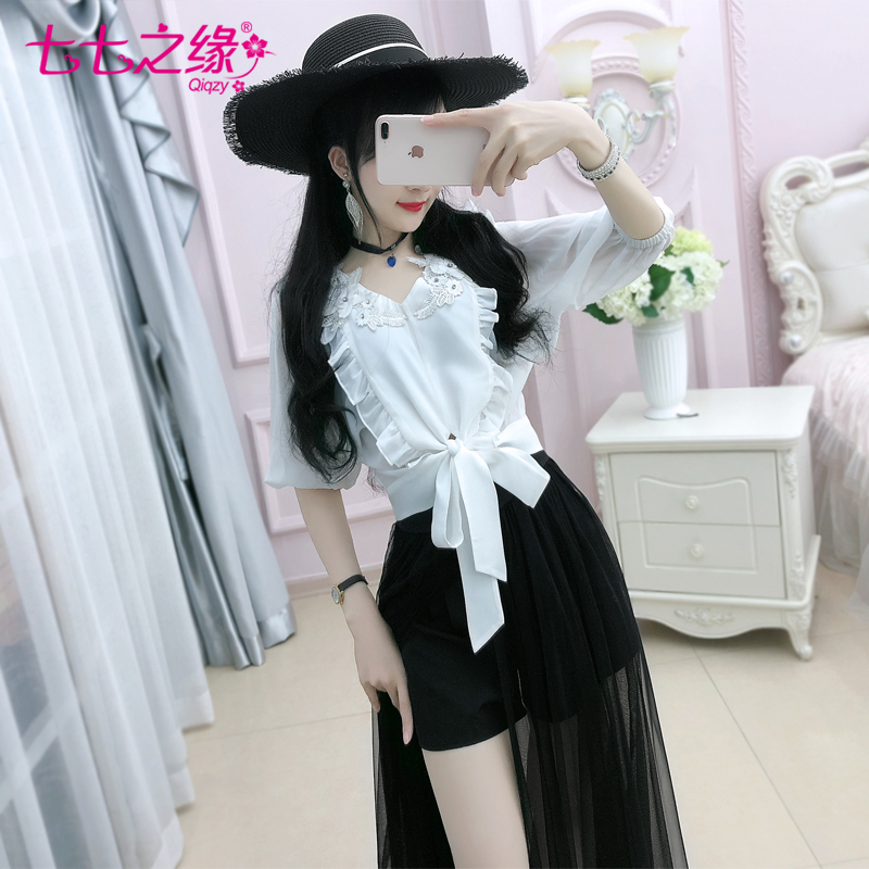 七七之缘2019夏装新款女装 白色系结绣花荷叶边短款中袖雪纺衫|ruв категории Женская одежда, кружева свитер/шифон рубашка - от Buy2taobao.com для оказания профессиональной услуги покупки агента Taobao