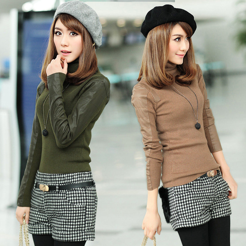 毛针织衫品牌专柜女士冬天<em>高领</em>打底衫pu皮袖