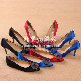  欲望都市MB女鞋水钻尖头绸缎面高跟鞋单鞋女细跟 欧美manolo婚鞋