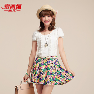  爱丽缇 夏装新款 甜美百搭纯色圆领短袖T恤拼接蕾丝T恤 女
