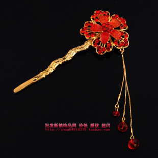  红色古典立体雕花发簪 发钗新娘配饰头饰 头花旗袍必备 结婚头饰