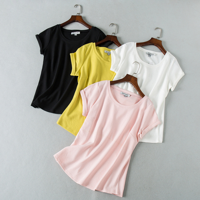 春夏纯色基础款弹力圆领宽松短袖休闲T恤上衣女