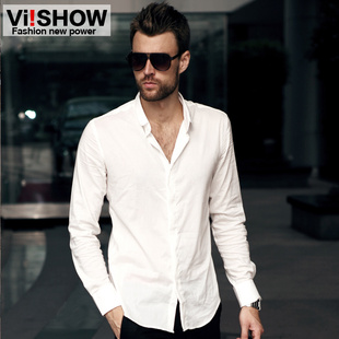  viishow春装新品 时尚休闲长袖衬衫男式白色衬衫修身衬衣男装
