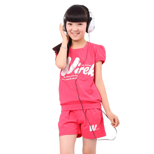  皮可西新款童装女童夏装韩版短袖+短裤套装 儿童休闲运动套装