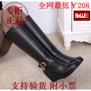  新款百丽正品代购真牛皮坡跟侧拉链高筒马丁靴雪地靴女长靴子