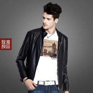  【天猫原创】春装新款 时尚潮男立领修身机车皮衣 男#82299