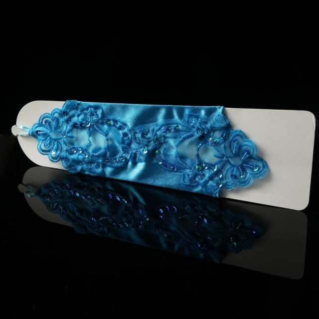 月下相恋宝蓝色缎面绣花蕾丝手工穿珠新娘结婚纱礼服露指手套绸缎