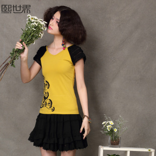  熙世界夏装 灵翼 民族风打底衫 拼接印花蕾丝边 短袖T恤女998