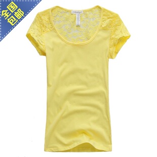  包邮夏装新款打底衫短袖T恤女 蕾丝拼接糖果色圆领修身T 全棉