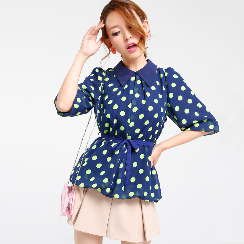 雪纺衬衫女中袖韩版...