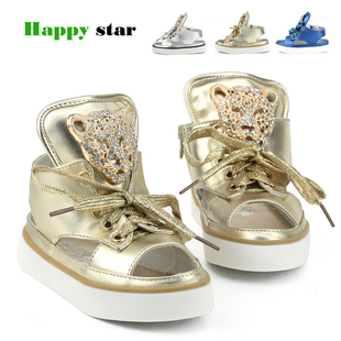  夏季童鞋新款男童女童时尚豹子头金银兰色儿童鱼嘴鞋镂空凉鞋