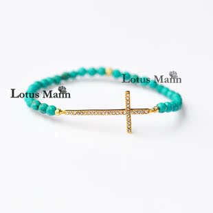 lotus mann满钻十字架天然切面绿松石小小系列手链tai bracelet