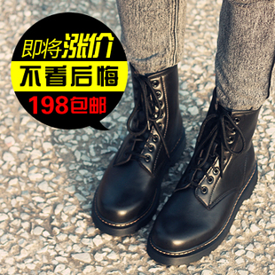  冬季热卖法国时尚新款机车靴真皮欧美复古系带马丁靴女短靴子