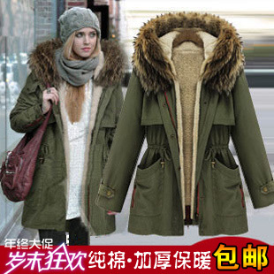  清仓包邮女装韩版军绿色毛领棉衣女棉服保暖中长款大码棉外套
