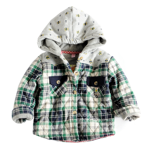  外贸童装冬装新款 小熊菱形压棉款男童宝宝长袖连帽衬衫 儿童