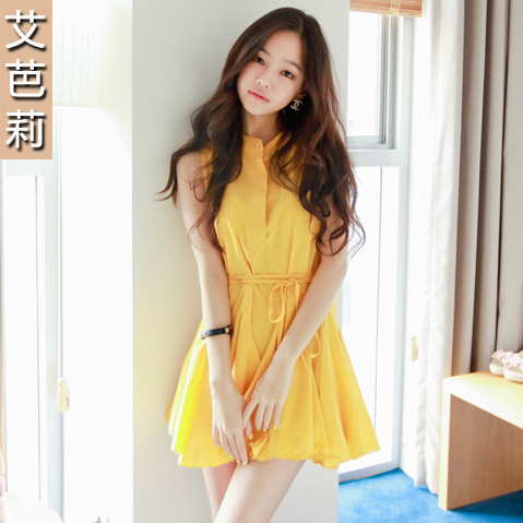 女雪纺连衣裙 2014夏装新款韩版女装 小清晰娃娃领无袖背心裙短裙
