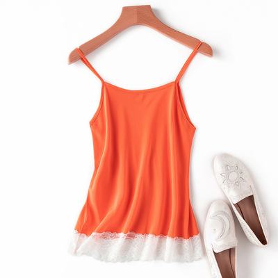 特价穿若无物面料特别软糯桑蚕丝桔色蕾丝边小背心真丝斜裁小吊带