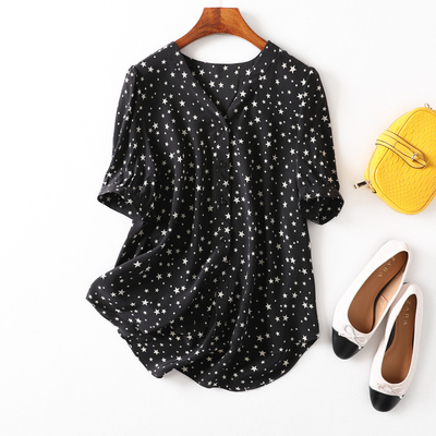 好面料气质简约黑色星星印花真丝衬衫 2020春夏短袖V领宽松上衣女