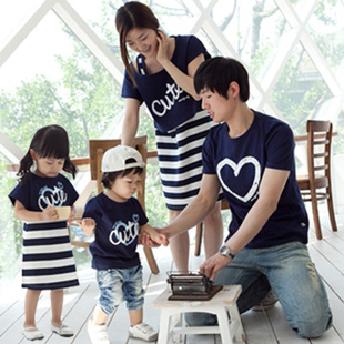  出游亲子装夏装新款 春装情侣装亲子装短袖t恤全家装父子装母女裙