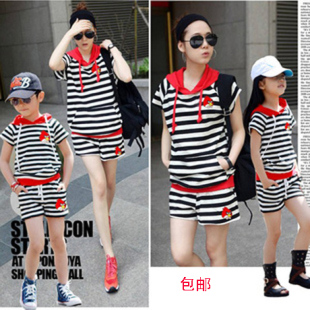  亲子装 夏装母子装母女装夏款全家装条纹一家三口套装加大码