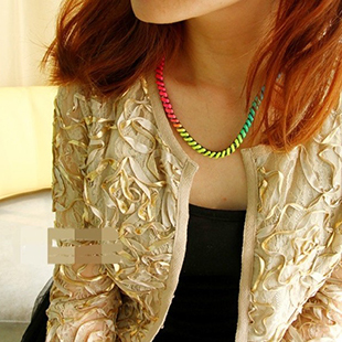  男女情侣款项链欧美超炫/荧光彩色丝线编织/金属链条/项链