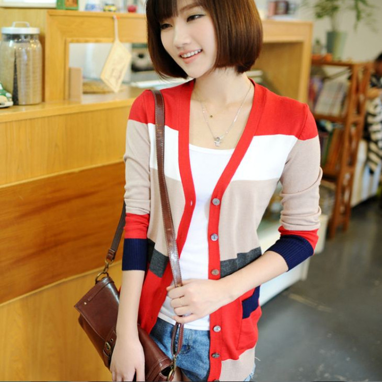 拼色条纹长袖针织衫...