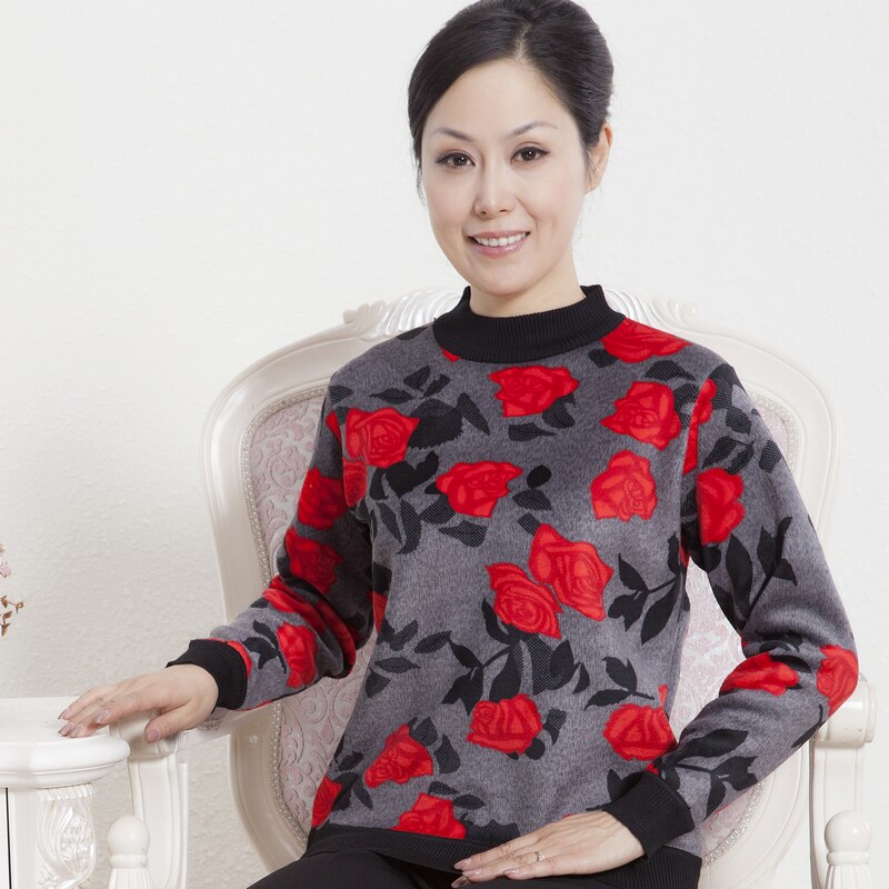 弋婕 中老年内胆加绒加厚圆领保暖针织衫