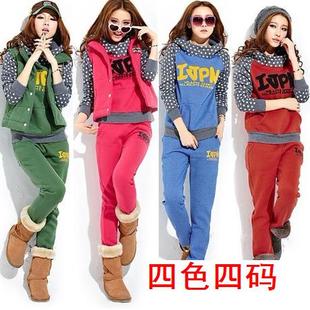  新年韩版时尚大码抓绒加厚卫衣三件套运动服休闲套装