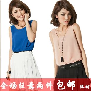  春夏装新款韩版宽松无袖双层雪纺吊带背心女打底衫上衣t恤女