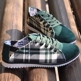  夏季新款格子拼接绒皮 舒适松紧后跟 男士休闲鞋韩版潮男板鞋系带